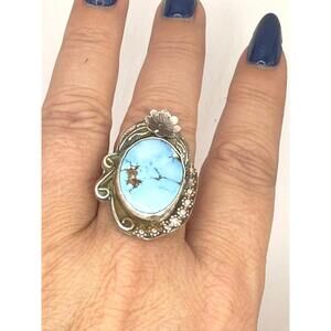 Artisan Signed Lindsey Benally Golden Hills Turquoise Botanical Adjustable Ring